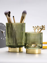 Load image into Gallery viewer, Desktop Retro Dark Green Gold Rim Glass Pen Holder Makeup Brush
